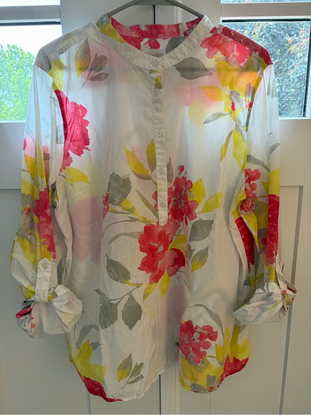 Talbots White Tunic Blouse Pink Yellow Floral Print long sleeve collarless XL